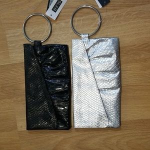 GLAM black and silver metallic wristlet with metal hoop NWT (2 bags)